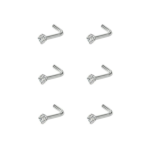 6pcs 18g 2.5mm Screw Nose Rings for Women Diamond CZ Nose Stud Rings Silver 6.5mm Length L Shaped Nostril Piercing Jewelry 18 Gauge Nose Jewelry G23 Titanium