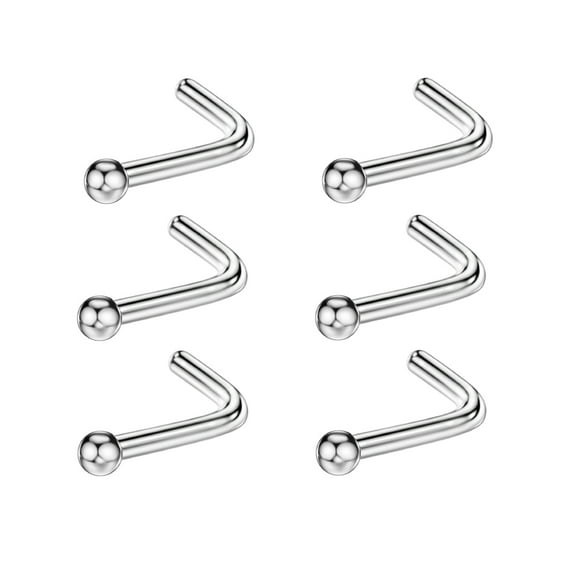6pcs 18g 2mm Screw Nose Rings for Women Ball Nose Stud Rings Silver 6.5mm Length L Shaped Nostril Piercing Jewelry 18 Gauge Nose Ring Surgical Steel