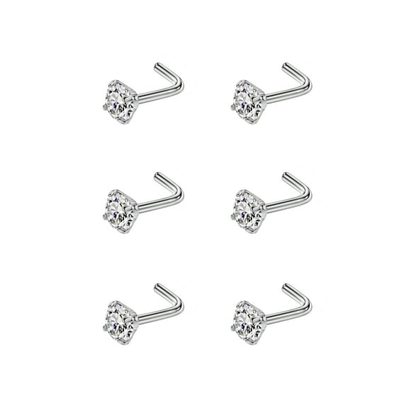 6pcs 18g 4mm Nose Rings for Women Diamond CZ Nose Stud Rings Silver 6.5mm Length L Shaped Nostril Piercing Jewelry 18 Gauge Nose Jewelry G23 Titanium
