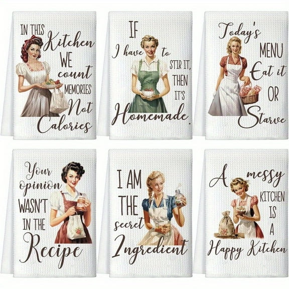 6pcs 18x26 Inch Funny Kitchen Dish Towels with Hilarious Sayings - Absorbent Polyester Tea Towels, Retro Cartoon Design, Machine Washable - Housewarming Gifts for Women, Hostess, Mom