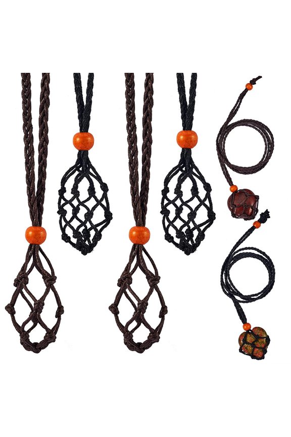 6pcs 2 colors Adjustable Waxed Cord Macrame Pouch Necklace Making Interchangeable Stone with Wood Beads Mixed color 90cm 3pcs/color