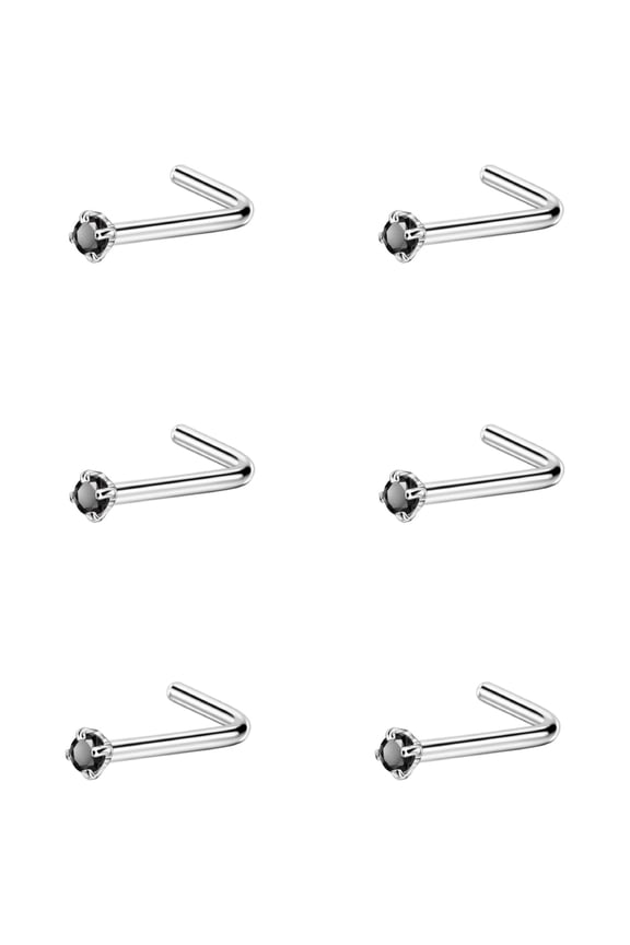 6pcs 20g 1.5mm Nose Rings Studs for Women Black CZ Nose Studs Silver 6.5mm Length L Shaped Nostril Piercing Jewelry 20 Gauge Nose Jewelry Surgical Steel L Bend Nose Stud