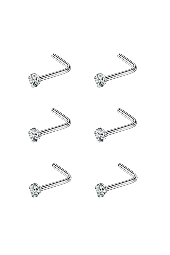 6pcs 20g 1.5mm Screw Nose Rings for Women Diamond CZ Nose Stud Rings Silver 6.5mm Length L Shaped Nostril Piercing Jewelry 20 Gauge Nose Jewelry