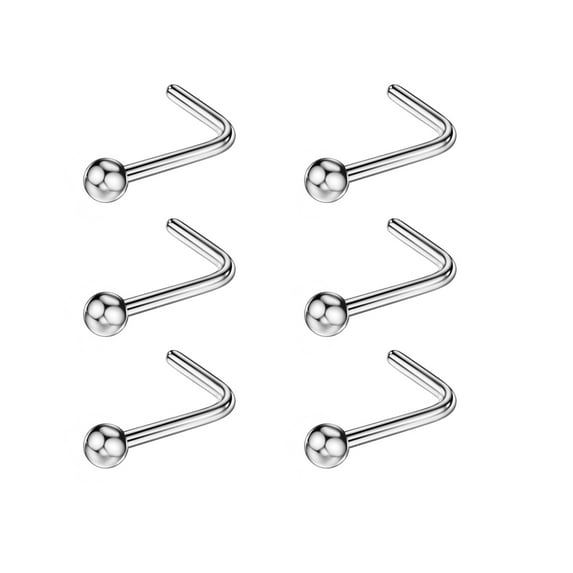 6pcs 20g 2.0mm Screw Nose Rings for Women Ball Nose Stud Rings Silver 6.5mm Length L Shaped Nostril Piercing Jewelry 20 Gauge Nose Ring