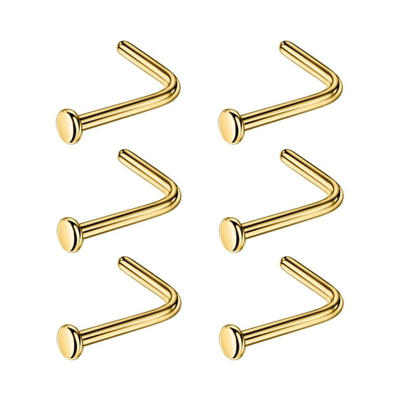 6pcs 20g 2.0mm Screw Nose Rings for Women Flat Disc Nose Stud Rings Gold Plated 6.5mm Length L Shaped Nostril Piercing Jewelry 20 Gauge Nose Ring
