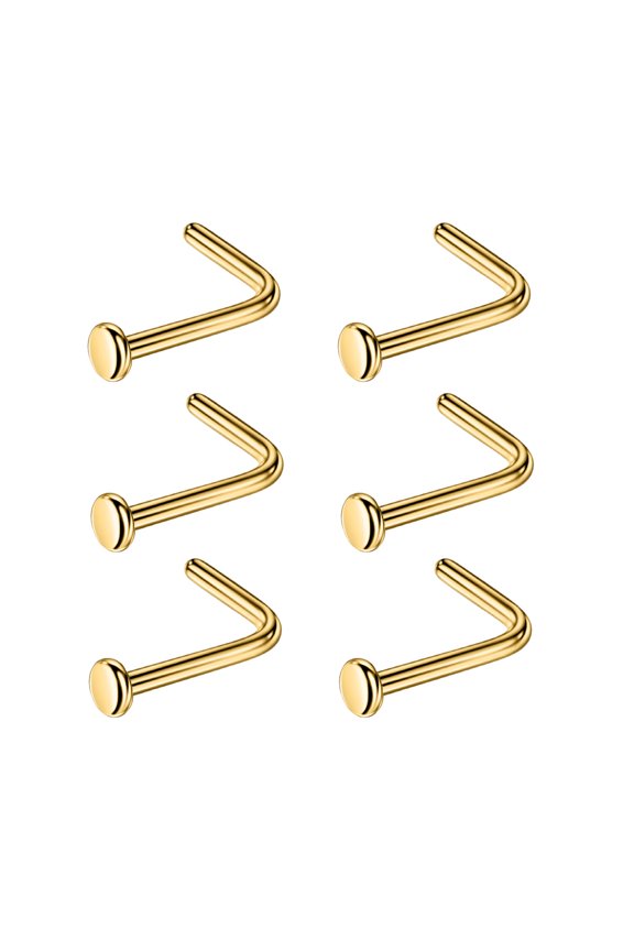 6pcs 20g 2.5mm Screw Nose Rings for Women Flat Disc Nose Stud Rings Gold Plated 6.5mm Length L Shaped Nostril Piercing Jewelry 20 Gauge Nose Ring Surgical Steel