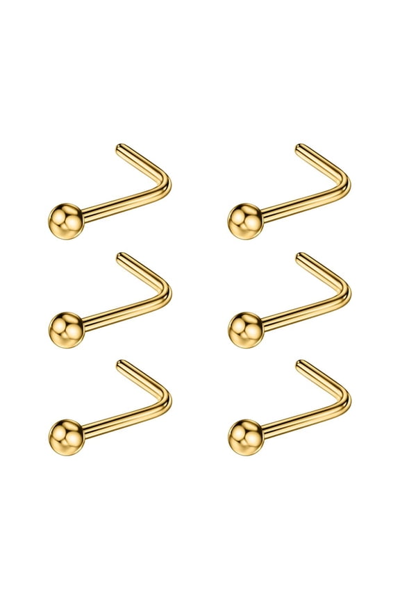 6pcs 20g 2mm L Bend Nose Rings Studs for Women Ball Nose Stud Rings Gold Plated 6.5mm Length L Shaped Nostril Piercing Jewelry 20 Gauge Nose Studs