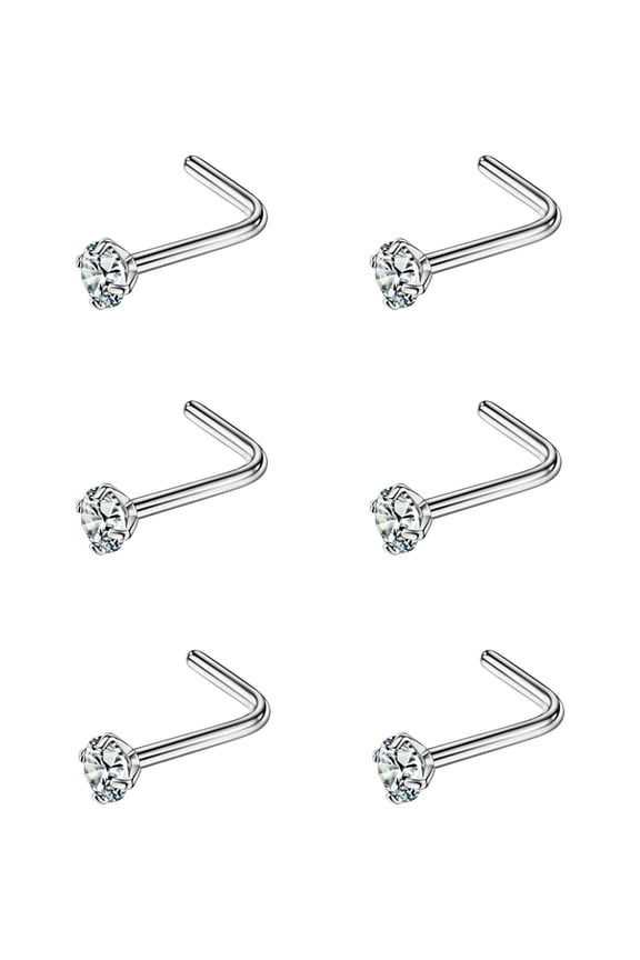 6pcs 20g 2mm Screw Nose Rings for Women Diamond CZ Nose Stud Rings Silver 6.5mm Length L Shaped Nostril Piercing Jewelry 20 Gauge Nose Jewelry