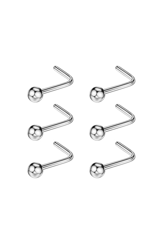 6pcs 20g 3.0mm Screw Nose Rings for Women Ball Nose Stud Rings Silver 6.5mm Length L Shaped Nostril Piercing Jewelry 20 Gauge Nose Ring