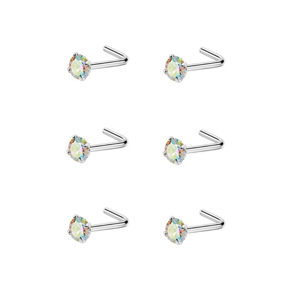 6pcs 20g 3mm Nose Rings Studs for Women Rainbow CZ Nose Studs Silver 6.5mm Length L Shaped Nostril Piercing Jewelry 20 Gauge Nose Jewelry Surgical Steel L Bend Nose Stud