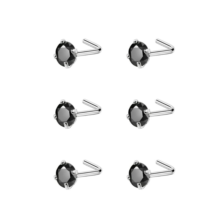 6pcs 20g 4mm Nose Rings Studs for Women Black CZ Nose Studs Silver
