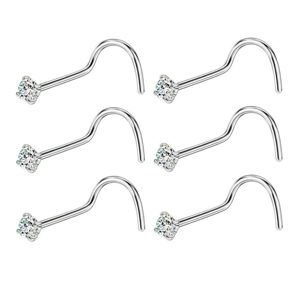 6pcs 22 Gauge 6.5mm Surgical Steel Screw Nose Rings for Women 22g Nose Stud Set Prong Set Diamond Piercing Jewelry for Nostril 2mm CZ Studs