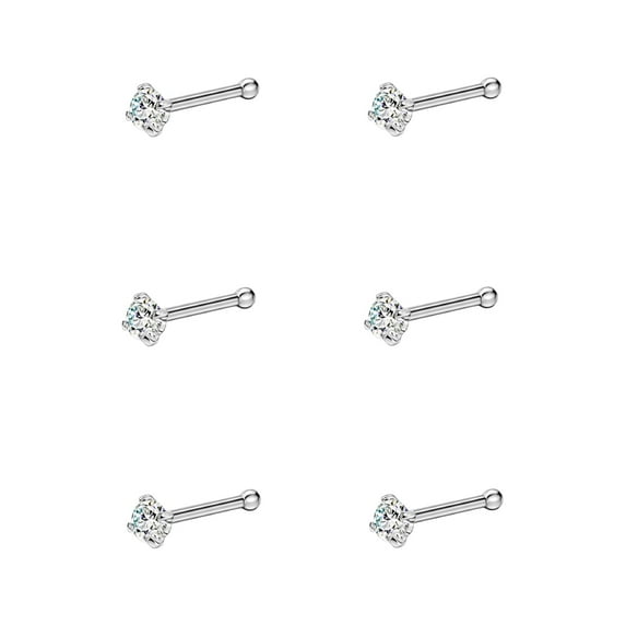 6pcs 22g 2mm Nose Bones for Women Round Clear CZ Nose Studs Silver Nostril Piercing Jewelry 22 Gauge Nose Jewelry Surgical Steel Straight Nose Stud