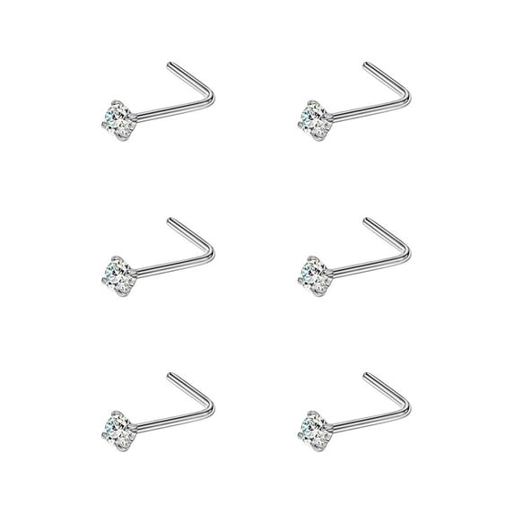 6pcs 22g 2mm Nose Rings for Women Diamond CZ Nose Stud Rings Silver 6.5mm Length L Shaped Nostril Piercing Jewelry 22 Gauge Nose Jewelry G23 Titanium