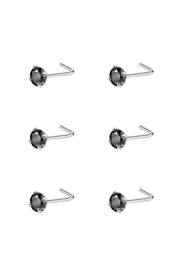 6pcs 22g 3mm Nose Rings Studs for Women Black CZ Nose Studs Silver 6.5mm Length L Shaped Nostril Piercing Jewelry 22 Gauge Nose Jewelry Surgical Steel L Bend Nose Stud