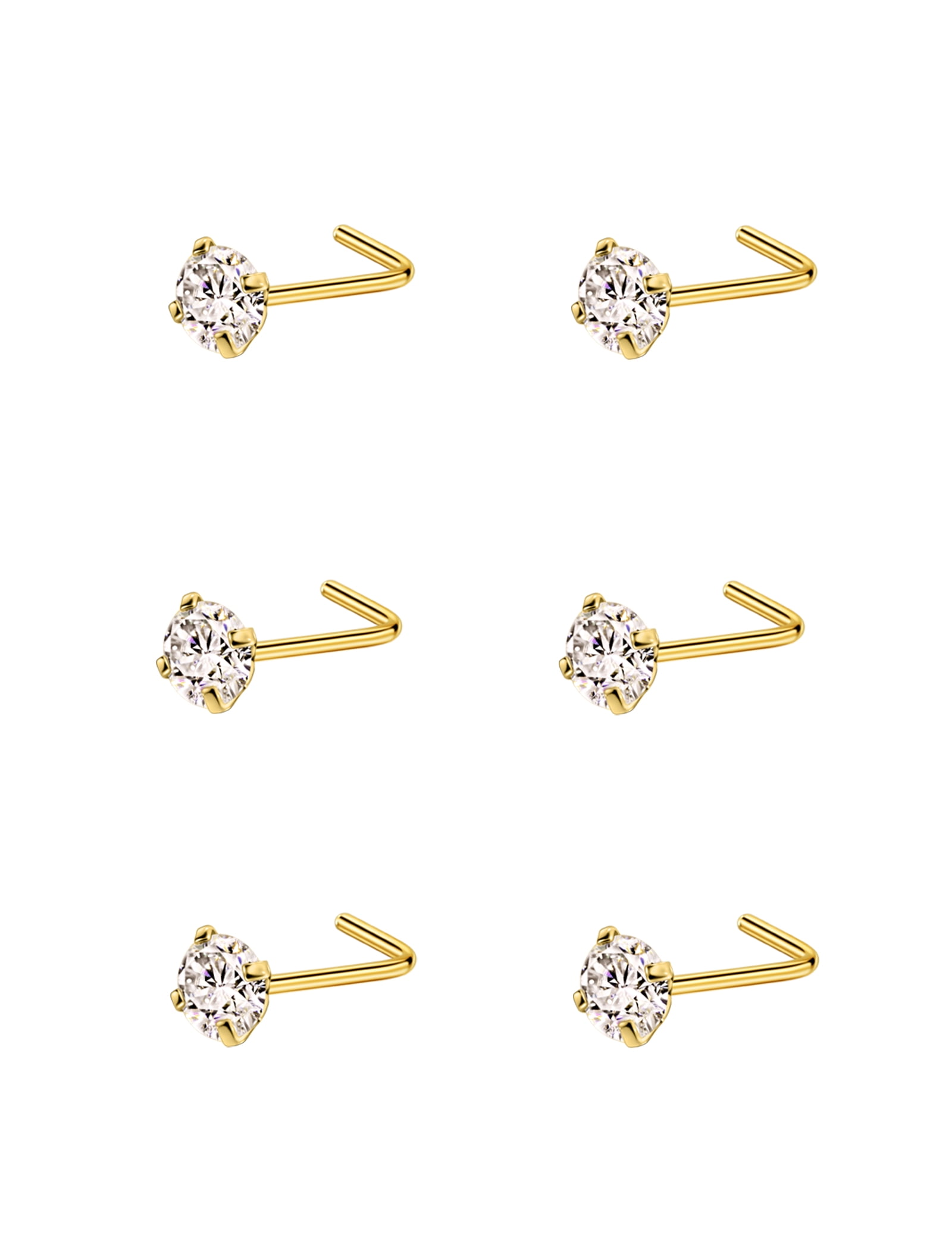 Surgical Steel Nose Stud L-Shaped, Beaded Ball Edge W/ CZ Center, 20g 6mm, Clear Round