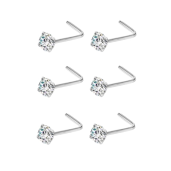 6pcs 22g 3mm Screw Nose Rings for Women Diamond CZ Nose Stud Rings Silver 6.5mm Length L Shaped Nostril Piercing Jewelry 22 Gauge Nose Jewelry Surgical Steel