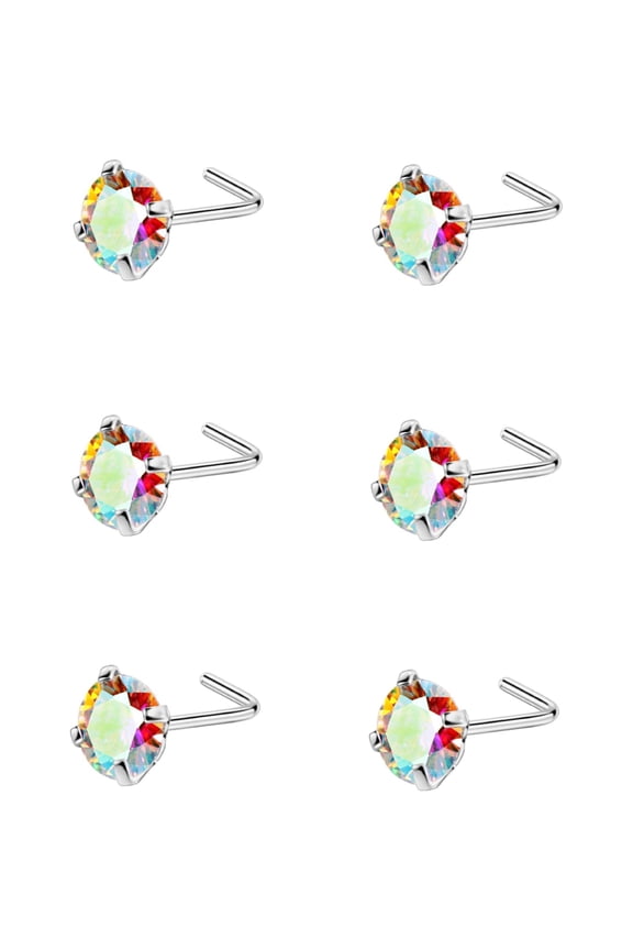 6pcs 22g 4mm Nose Rings Studs for Women Rainbow CZ Nose Studs Silver 6.5mm Length L Shaped Nostril Piercing Jewelry 22 Gauge Nose Jewelry Surgical Steel L Bend Nose Stud