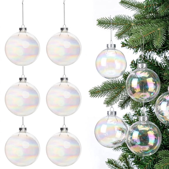 6pcs 3.9'' Clear Christmas Plastic Iridescent Ball Ornament, Xinshengli Fillable Rainbow Ball Decoration Hanging Baubles DIY Halloween Bubble Witch Cauldron Pot for Christmas Wedding Party