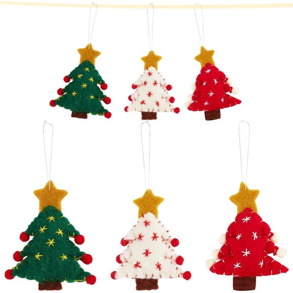 6pcs 3 Colors Felted Christmas Mittens Hand Decor Christmas Tree with Star Felt Fabric Pendant Decoration Xmas Hanging Ornament Felt Crafts for Party Accessory Multi-color