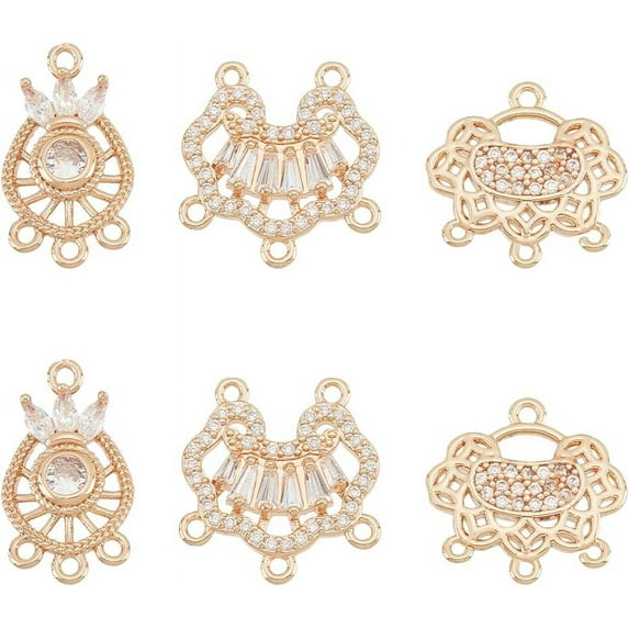 6pcs 3 Styles 18K Gold Plated Brass Connector Longevity Lock Charms Micro Pave Cubic Zirconia Links Links with 4 Loop for Bracelets Necklace Jewelry Making Golden