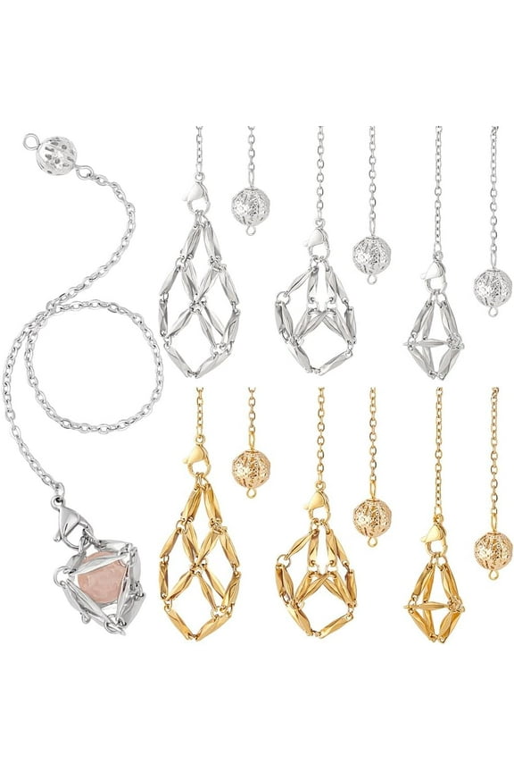 6pcs 3 Styles Crystal Holder Necklace Crystal Pendant Necklace Stainless Steel Cage Mesh Stone Holder Necklace Empty Crystal Holder with Adjustable Length for DIY Jewelry Crafts Making