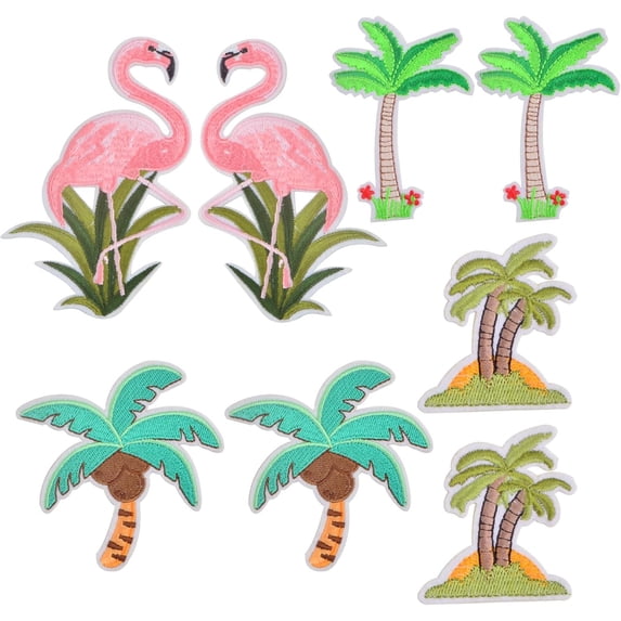 6pcs 3 Styles Green Coconut Tree Iron on Patches and 1 Pair Flamingo Bird Embroidered Applique Sew On Patches for DIY Jeans Jackets Clothing Bags Caps Arts Craft Decoration