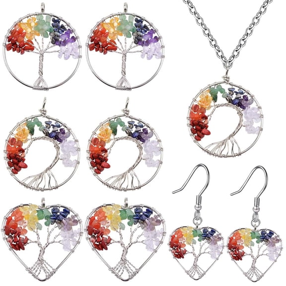 6pcs 3 StylesTree of Life Charms Colorful Natural Crystal Stone Chakra Positive Gemstone Quartz Life Tree Pendants Good Luck Yoga Charms for DIY Necklace Earrings Keychains Jewelry Making