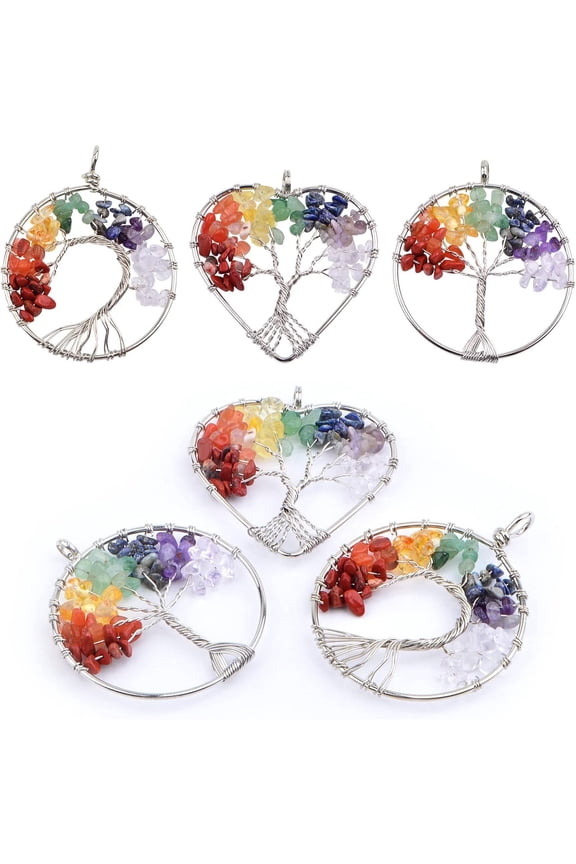 6pcs 3 Styles,Tree of Life Charms Colorful Natural Crystal Stone Chakra Positive Gemstone Quartz Life Tree Pendants Good Luck Yoga Charms for DIY Necklace Earrings Keychains Jewelry Making