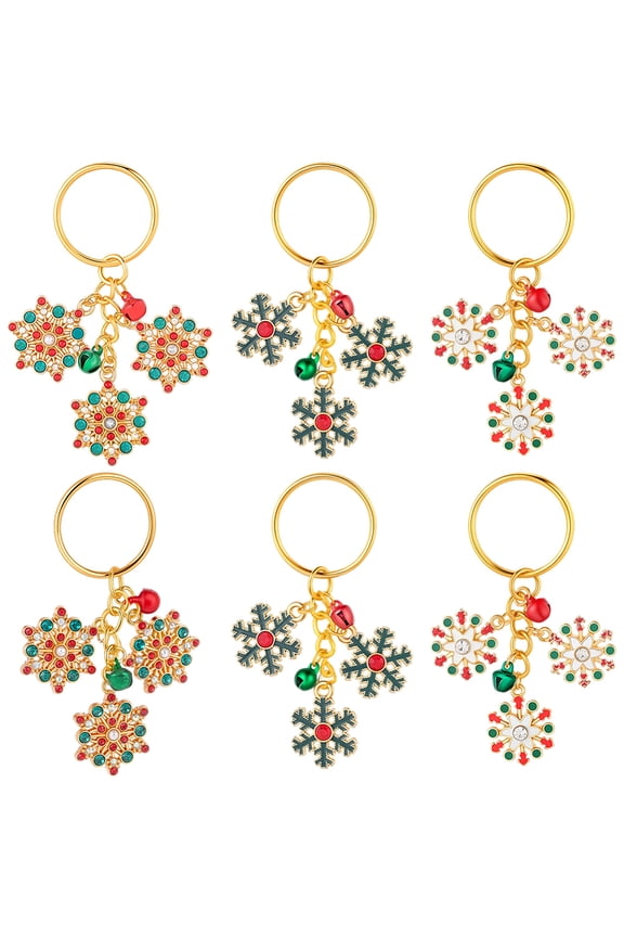6pcs 3 style Alloy Rhinestone Keychain Snowflake with Iron Rings Mixed color 72~75mm 2pcs/style
