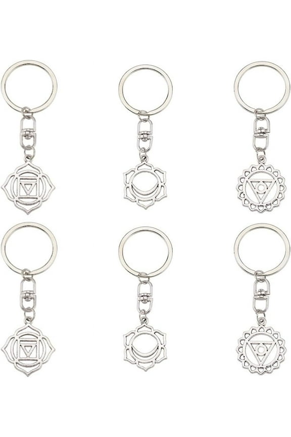 6pcs 3 style Chakra Alloy Symbol Pendant Keychains for Car bag Ornaments Pendant Svadhisthana/Vishuddha/Muladhara Mixed Shapes 8.2~8.4cm 2pcs/style