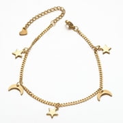 6pcs 304 Stainless Steel Moon & Star Charm Bracelets with Lobster Claw Clasps and Extender Chains with Heart Charm Faceted Golden 7-7/8 inch200mm