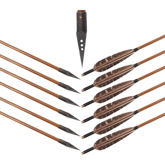 6pcs 31 Inch Bamboo Arrows Target Hunting Arrows for Archery Bow Arrows with Medieval Arrow Heads and 5 Inches of Natural Features