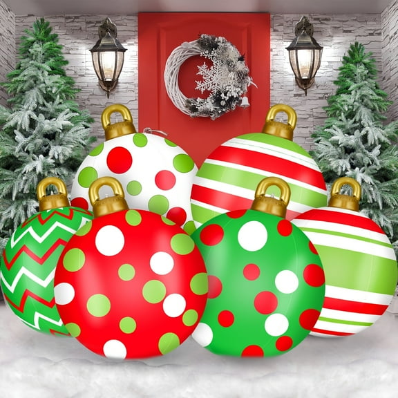 6pcs 32 Inch Giant Inflatable Christmas Ball Ornaments - Red with White Polka Dots & Stripes, Indoor/Outdoor Yard Decor for Christmas, Weddings, Parties - No Electricity Needed
