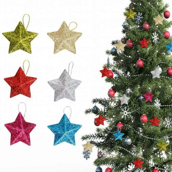 6pcs 3D Glitter Star Christmas Tree Ornaments Mini Stars Hanging Ornaments for Xmas Tree, Home, Party, Wedding Decoration