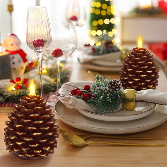 6pcs 4.3 Inch LED Flameless Pine Cone Candles with Timer Battery Operated Flickering Wick Christmas Pine Cone Candles for Holiday Indoor Decoration, Brown