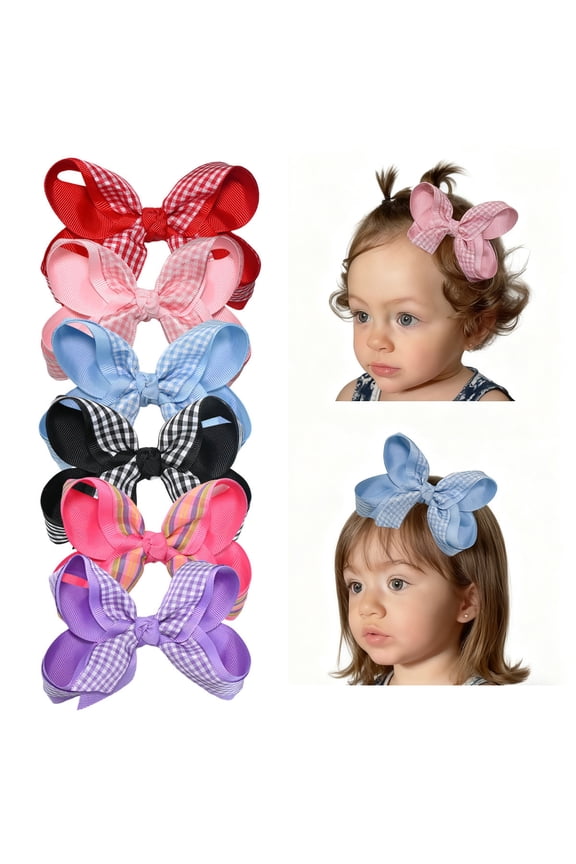 6pcs 4.5inch Plaid & Striped Hair Bows Multi-Color for Girls Daily Party School Hairstyling
