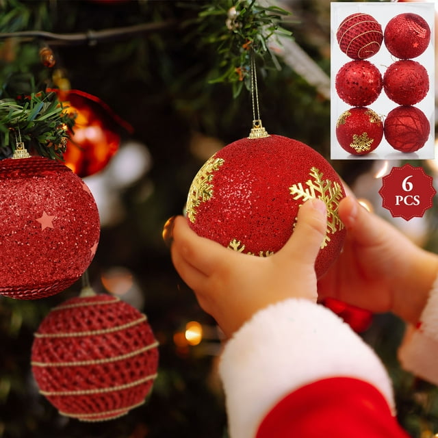 6 Pcs 4 inch Large Red Christmas Ornaments, Christmas Tree Ornaments Hanging Shatterproof Xmas Balls for Holiday Party Christmas Decoration Indoor