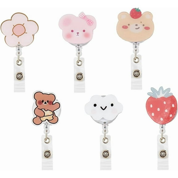 6pcs 6 Styles Acrylic Badge Holders: Cute Cartoon Reel Retractable Nurse Badge Holders with Alligator Clip for Doctor Teacher Strawberry/Flower/Bear