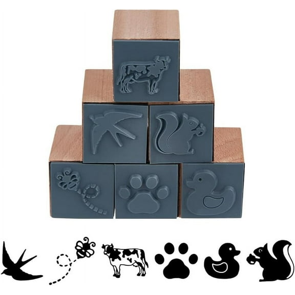 6pcs 6 Styles Wooden Rubber Stamps - Paw Print Squirrel Cattle Duck Swallow Bees - Natural Wood Stamp - Small Mini Stamp for Card Making DIY Craft Letter Diary Scrapbooking