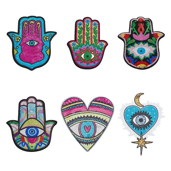 6pcs 6 style Hamsa Hand/Heart with Computerized Embroidery Cloth Iron on Sequins Patches Stick On Patch Costume Accessories Appliques Mixed color 207~232x158~230x1~1.5mm 1pc/style