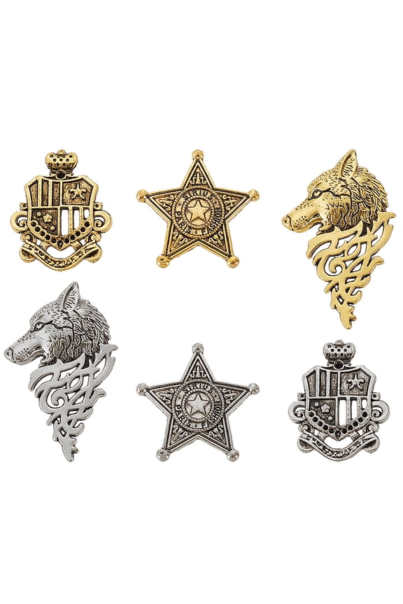 6pcs 6 style Sirius Theme Alloy Brooches Star & Wolf & Shield Badges for Costume Accessories Mixed color 36.5~55x30~36.5x4~7mm 1pc/style 1box