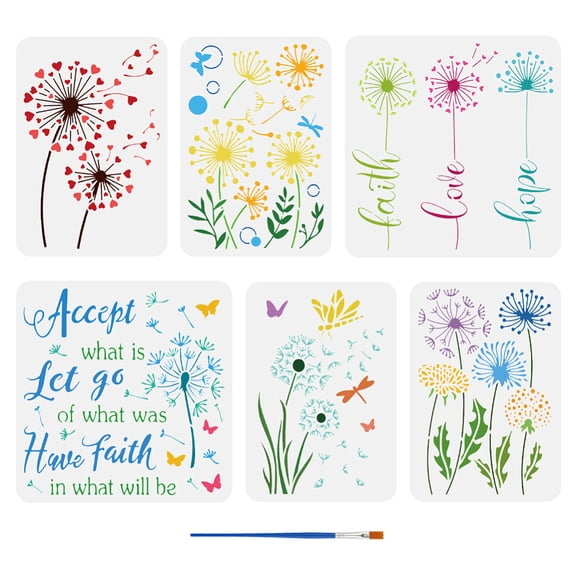 6pcs 6 styles Dandelion Theme PET Hollow Out Drawing Painting Stencils for DIY Scrapbook Photo Album Flower 287~300x210~300mm 1pc/style