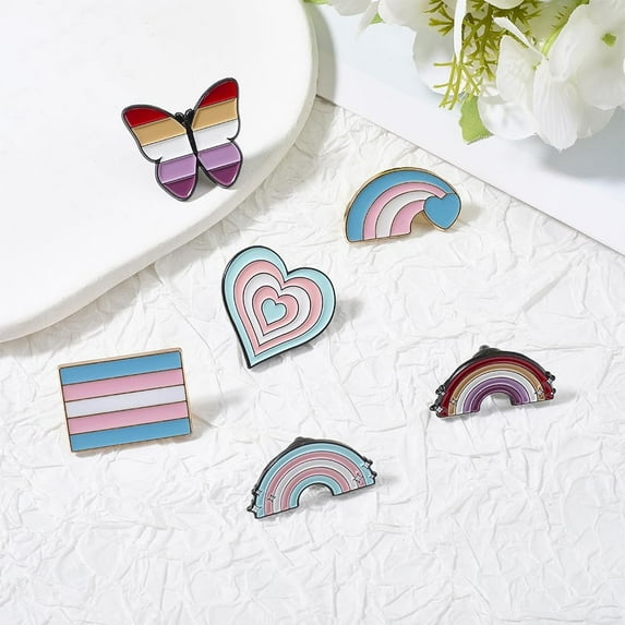 6pcs 6 styles Pride Rainbow Alloy Enamel Brooches for Backpack Clothes Mixed Shapes Mixed Color 28x31mm Colorful