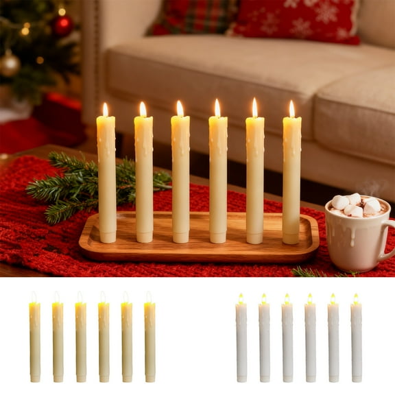 6pcs 7.5in Wax Flameless Candles – Battery-Operated with Remote, Timer & Dimmer, White Holders Included, Safe for Ceremonies, Christmas & Halloween Decor, Beige