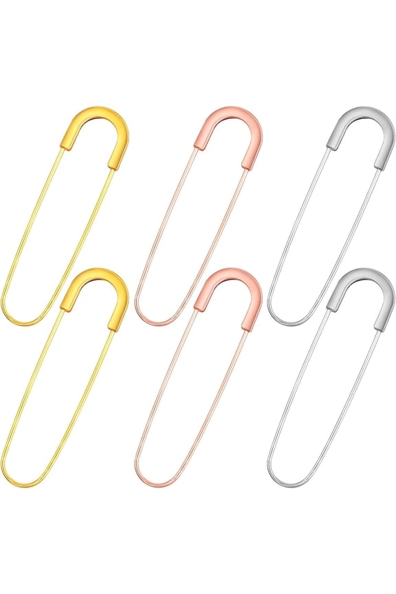6pcs 8 cm Long Extra Large Safety Pins Metal Heavy Duty Big Blanket Pins Strong Clothing Crafts Pins for Leather Canvas Skirts Kilts Sewing Quilting, 3 Colors