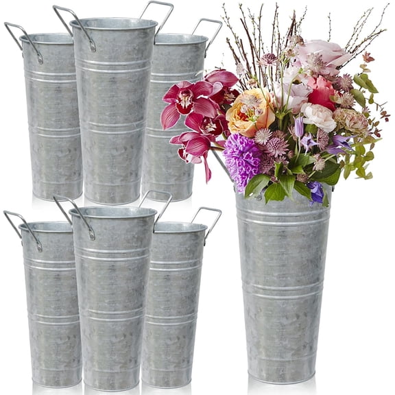 6pcs 9inch-Galvanized Metal Vases Farmhouse French Flowers Bucket Vase with Handles Rustic Tin Flower Holder for Cut Plants Housewarming Gift for Balcony Garden Courtyard