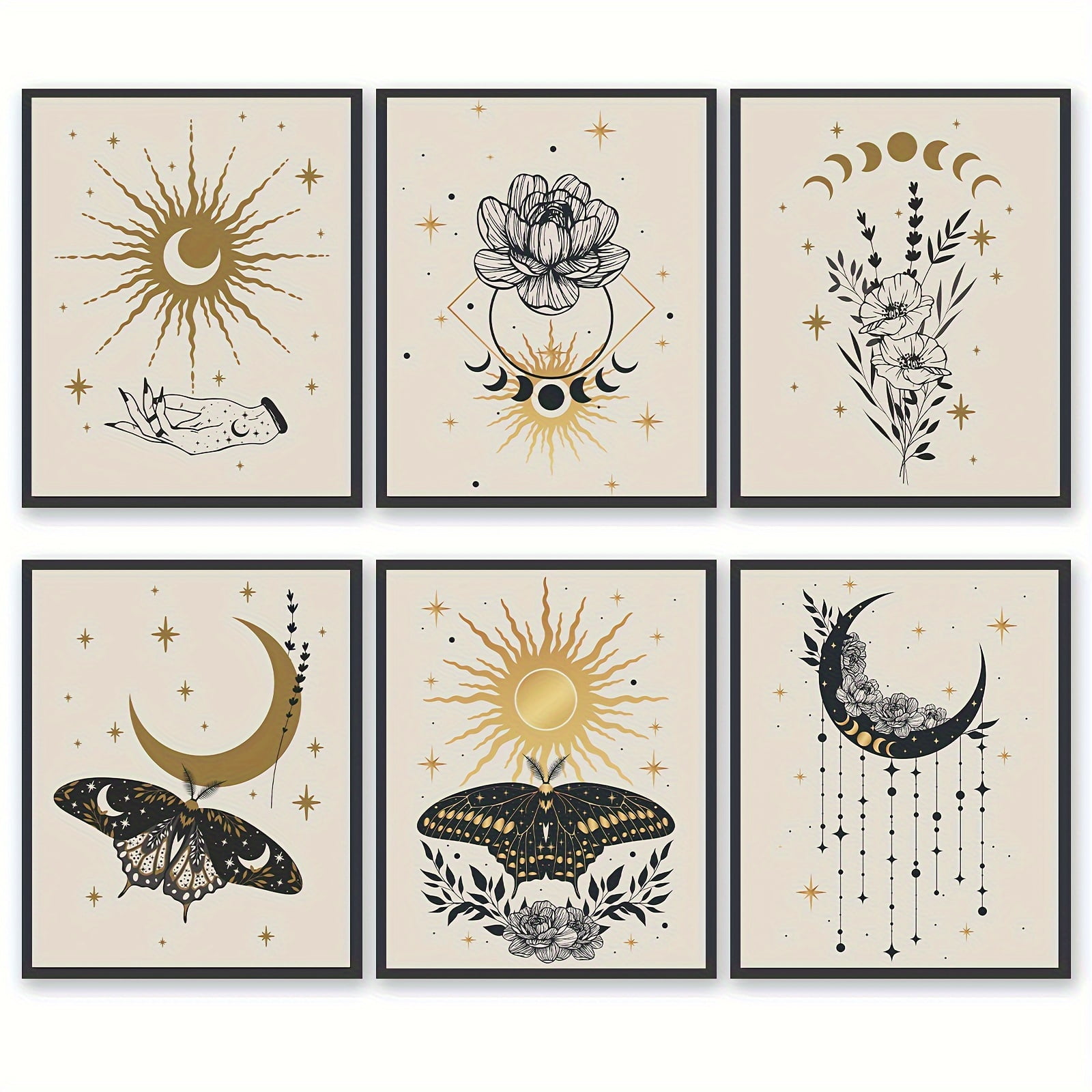 6pcs Abstract Canvas Wall Art Prints, Boho Golden Colors Esoteric ...