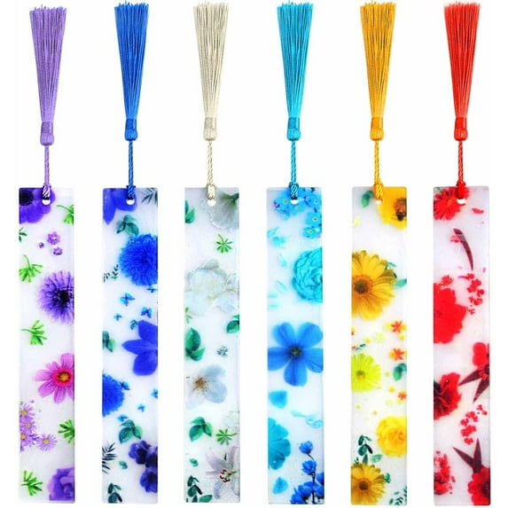 6pcs Acrylic Flower Shape Bookmarks Transparent Handmade Floral Reading Book Bookmarks Flower Page Markers with Colorful Silky Tassels for Reader Writer Student Graduation, 6 Styles