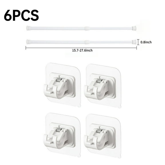 6pcs Adjustable Spring Tension Curtain Rod with Hooks Sets, No Drilling Multi Purpose Telescopic Pole 16-28"